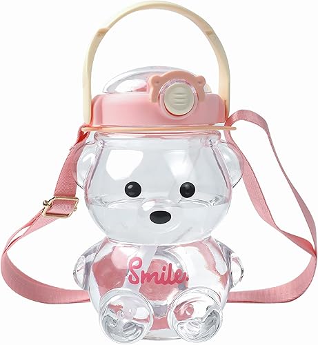 Kawaii Bear Straw BottlePortable Large Capacity 32 oz Bear Water Bottles with Strap and StrawCute Bear Shaped Water Bottle Adjustable Removable