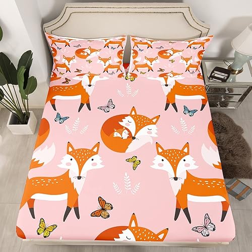 Erosebridal Juego de sábanas bajeras de dibujos animados de zorro para niños, tamaño matrimonial, sábanas de mariposa multicolor para niños y niñas,
