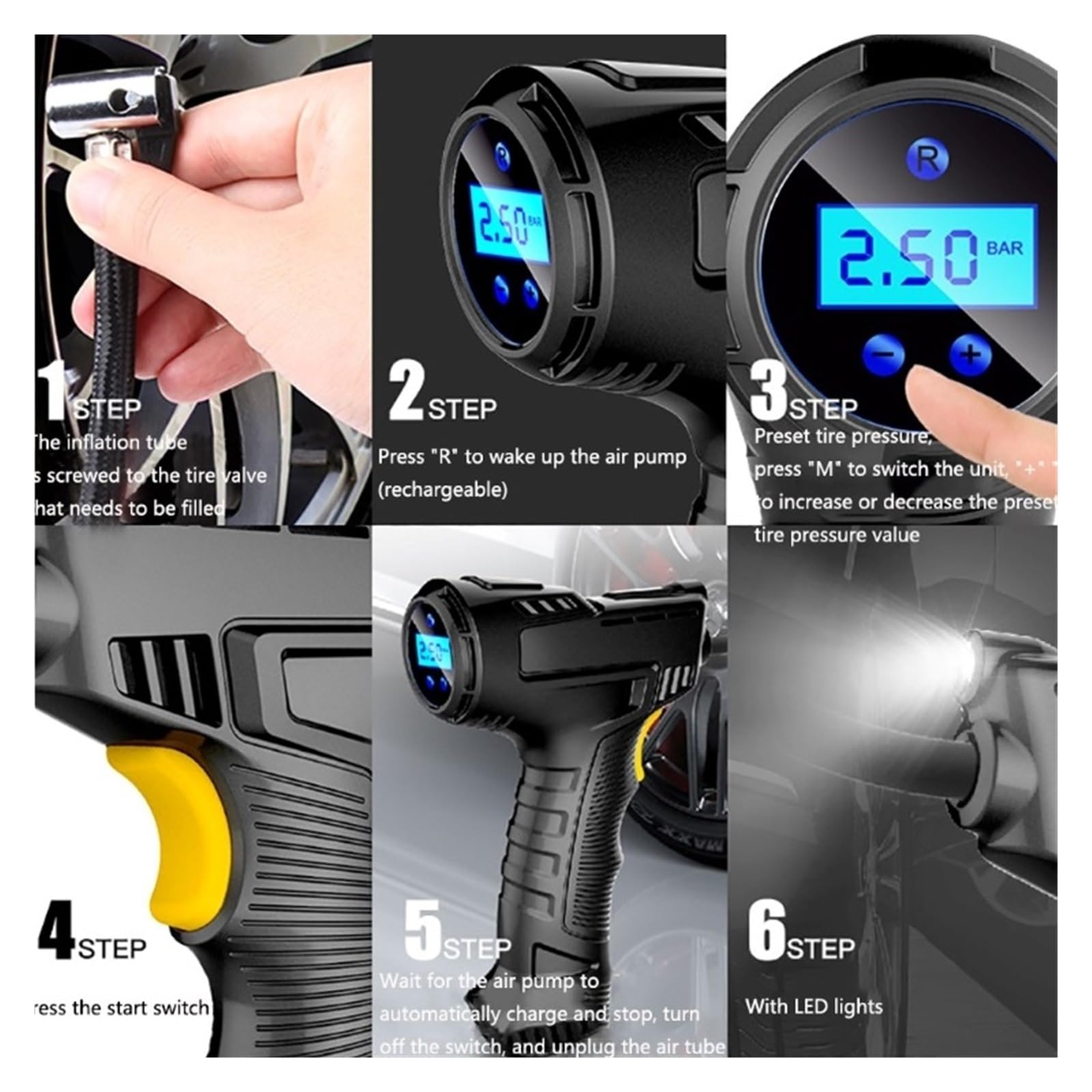 120W Ręczna Sprężarka Powietrza Bezprzewodowa/przewodowa Pompka Nadmuchiwana Przenośna Inflator Do Opon Cyfrowa Samochodowych Piłek Rowerowych Natychmiastowa Inflacja(Wired Digital)