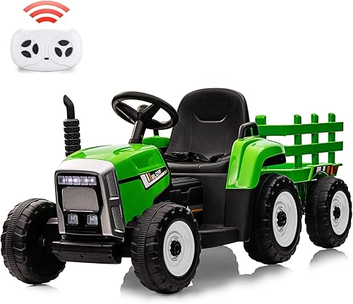 Tractor eléctrico con batería de 12 V con control remoto y remolque, automóvil para niños pequeños, juguete de tractor con 7 faros LED, cambio de