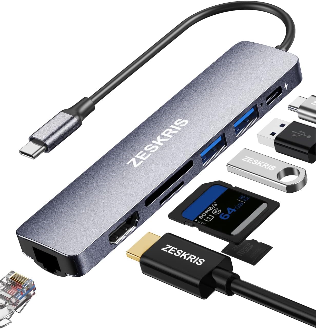 USB C Hub, ZESKRIS 7IN1 USB C to USB Adaptor with 100W PD