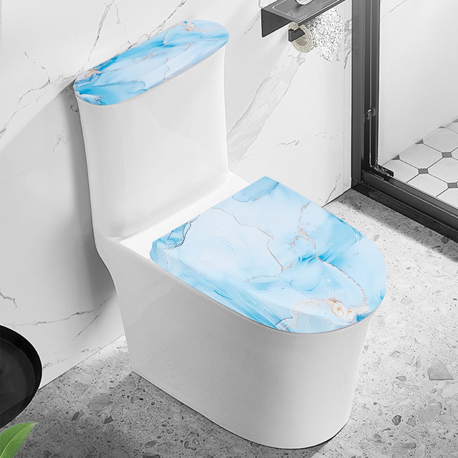 NICENEEDED Blue Marble Print Toilet Lid and Seat Protector Cover, Bathroom Toilet Tank Lid Covers Stretch Toilet Covers Set - Image 2