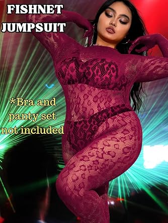 EHSUYAB Plus Size Fishnet Bodysuit For Curvy Women, Full Leopard Body Stockings Rave Outfit, Sexy Lace Jumpsuit Festival Club