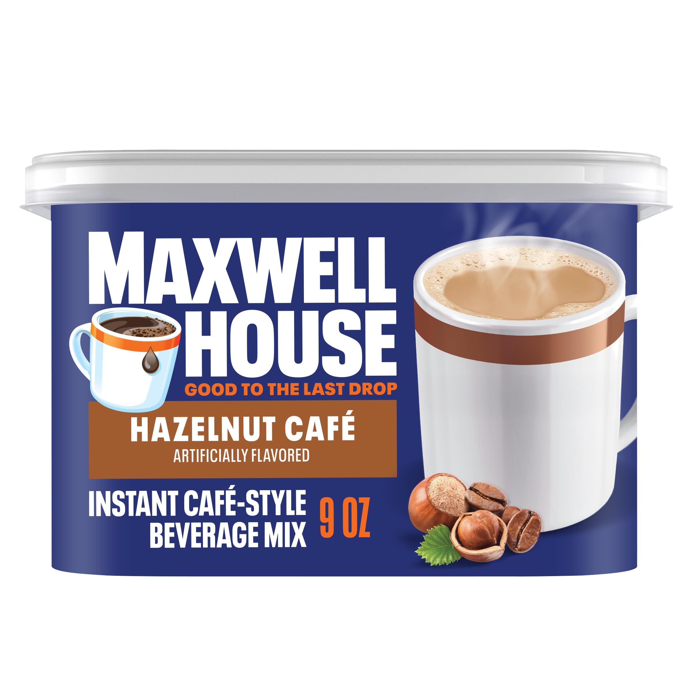 MAXWELL HOUSEInstant Cafe-Style Beverage Mix, Easy to Prepare, 1 Canister, for Quick Morning Coffee or Afternoon Treat, Hazelnut Cafe, Kosher Dairy, 9 oz