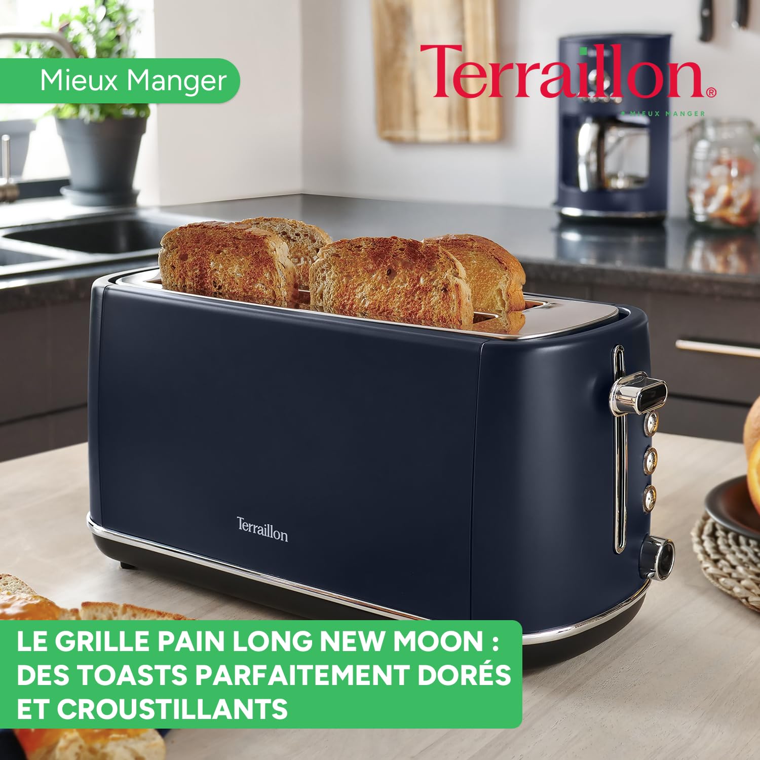 TERRAILLON - NEW MOON- Grille pain long, 2 Fentes extra larges, 6 niveaux puissance (1550W) - Décongélation, Réchauffage, Arrêt automatique, Tiroir ramasse miettes, Corps en Inox peint, Bleu