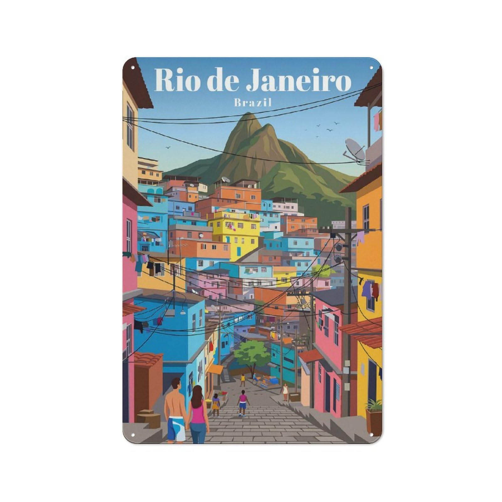 Junmoney Style-2 Retro Metal Wall Sign 30X20cm Featuring Rio De Janeiro Favelas For Pub Or Café, For Garage, Workshop And Man Cave Decoration