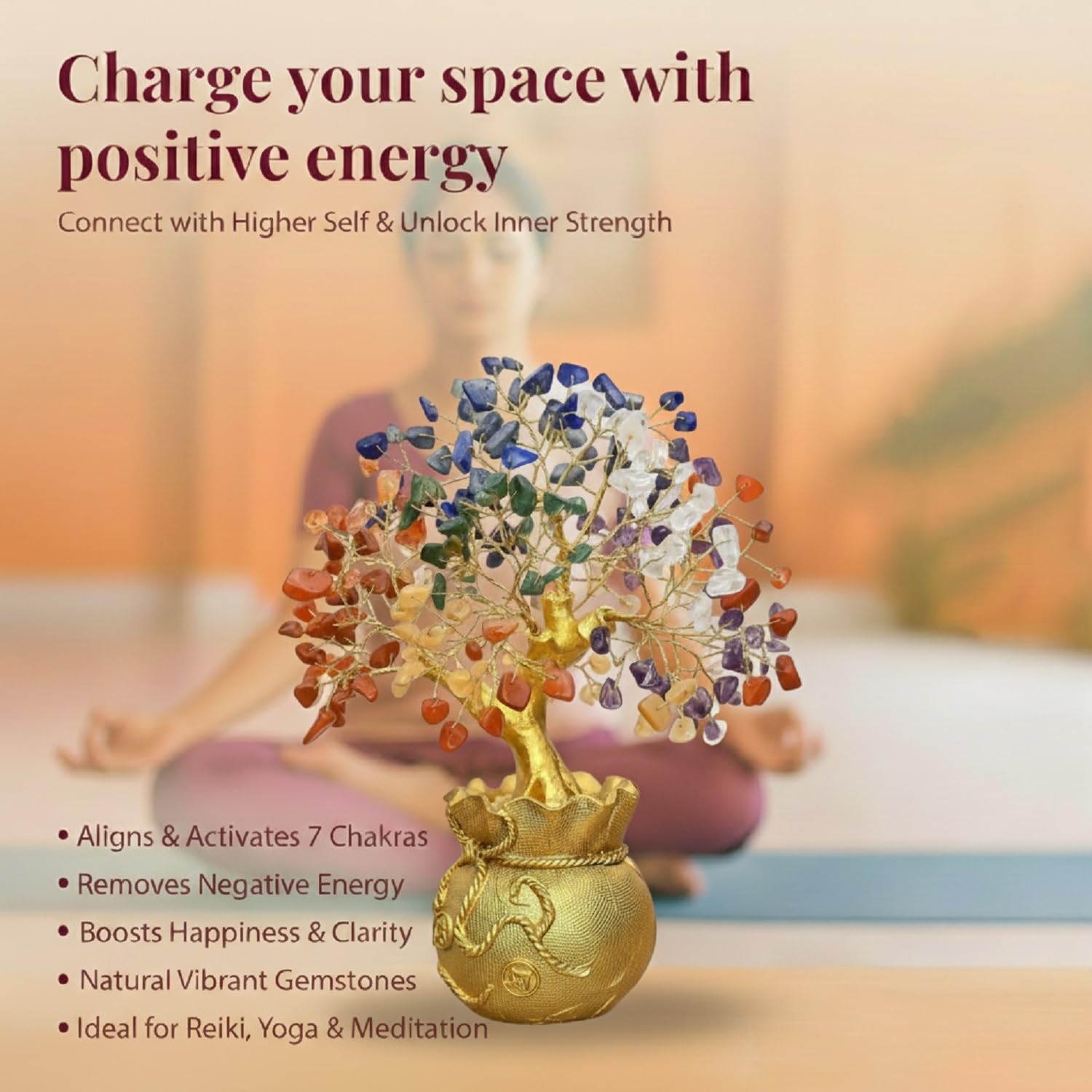 JD FRESH Feng Shui 7 Chakra Crystal Tree with Golden Money Bag Base/Natural Gemstone Decorative Showpiece Bonsai Tree for Home & Office Décor, Good Luck Diwali Gift, Wealth & Prosperity 3
