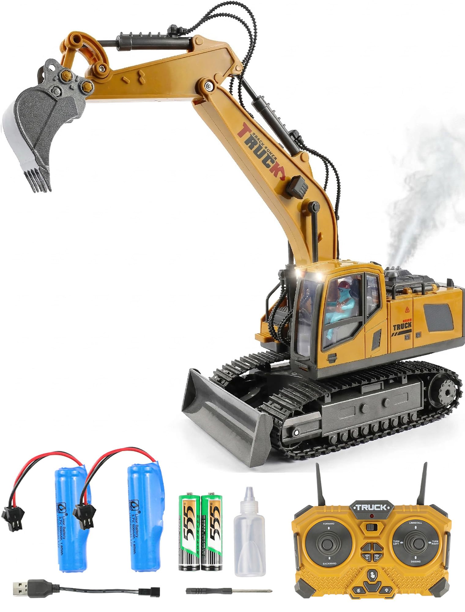 Pelle à télécommande, 1 Canal métal RC Construction véhicule Jouet avec lumières, Son, fumée
