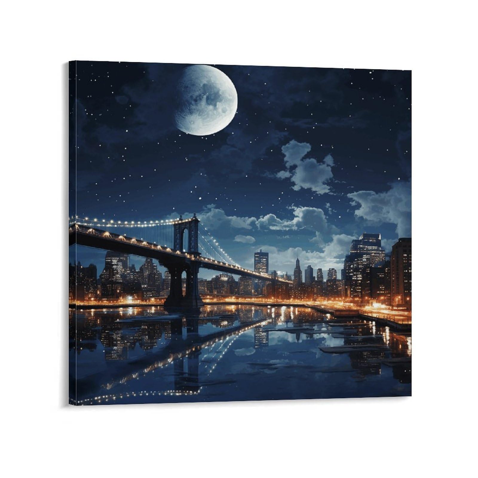 KLOPH Moon Light New York City Canvas Wall Art for Living Room 08x8inch Modern Artwork Painting for Bathroom Hanging Canvas Prints Aesthetic Wallart for Bedroom Kitchen Office Wall Decor