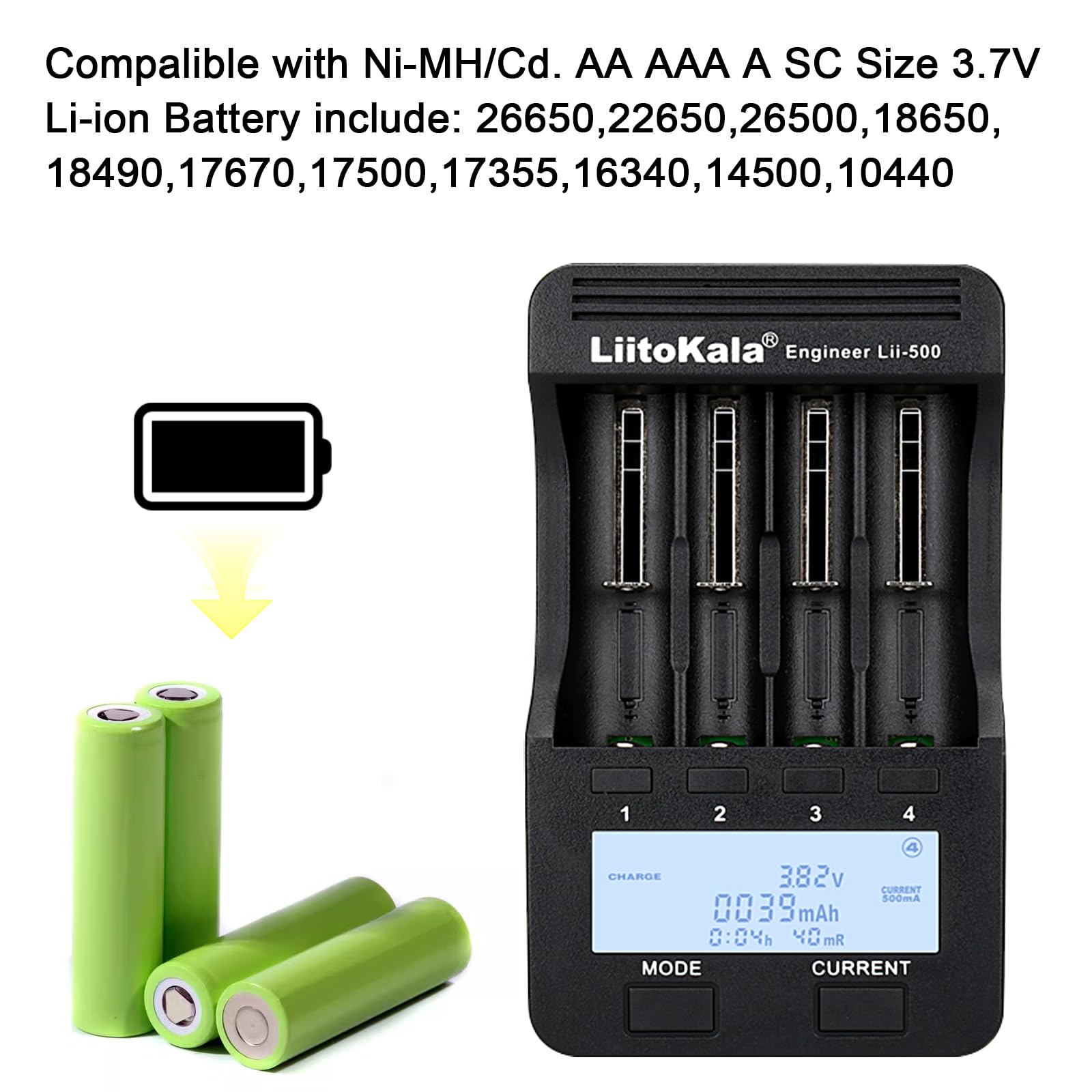 LiitoKala Lii-500 18650 4-Slot LCD Szybka uniwersalna inteligentna ładowarka do akumulatorów 26650 26700 21700 AA AAA przycisk dotykowy