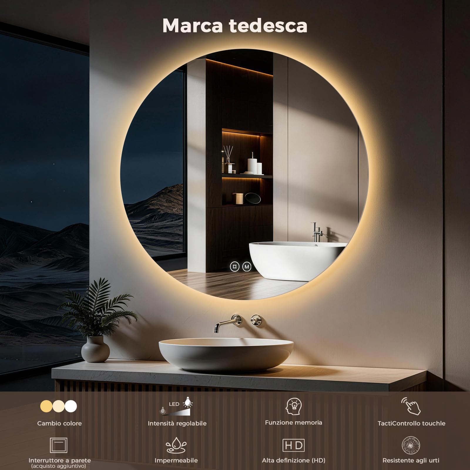 S'AFIELINA Specchio da bagno con illuminazione rotondo, 80cm, specchio LED con interruttore touch, specchio da bagno rotondo con 3 temperature di colore (caldo, neutro, freddo), dimmerabile