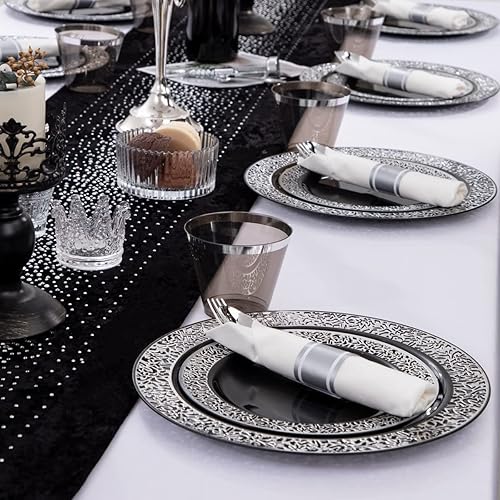Miniatura 7 de NOCCUR Vajilla de 210 piezas de plástico negro y plateado, platos con cubiertos de plástico preenvueltos y vasos plateados, vajilla de plástico