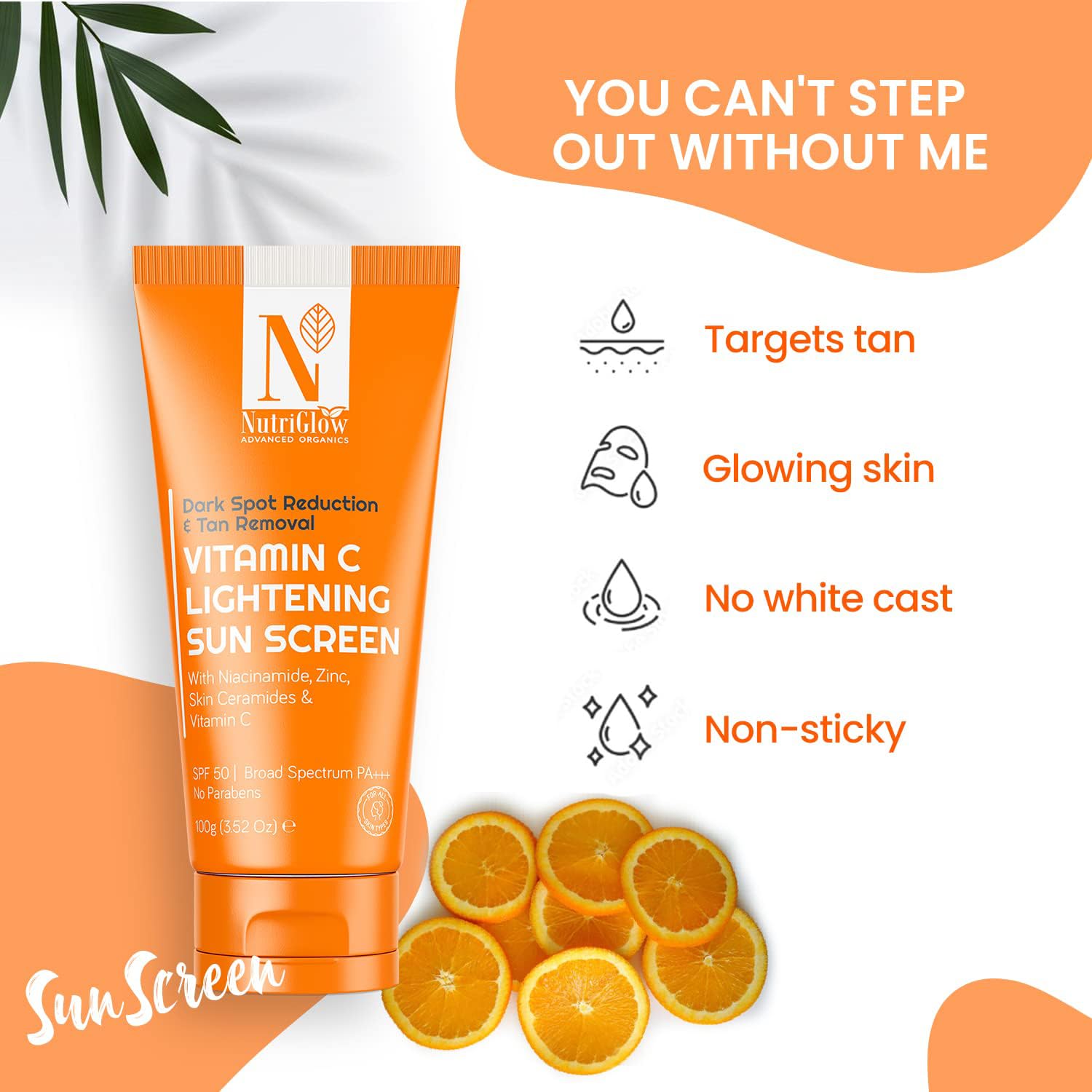 NUTRIGLOW Advanced Organics Vitamin C Lightening Sunscreen SPF50 PA+++ for Sun Protection Quick Absorb, All Skin Types, 3.5 Oz - Image 3