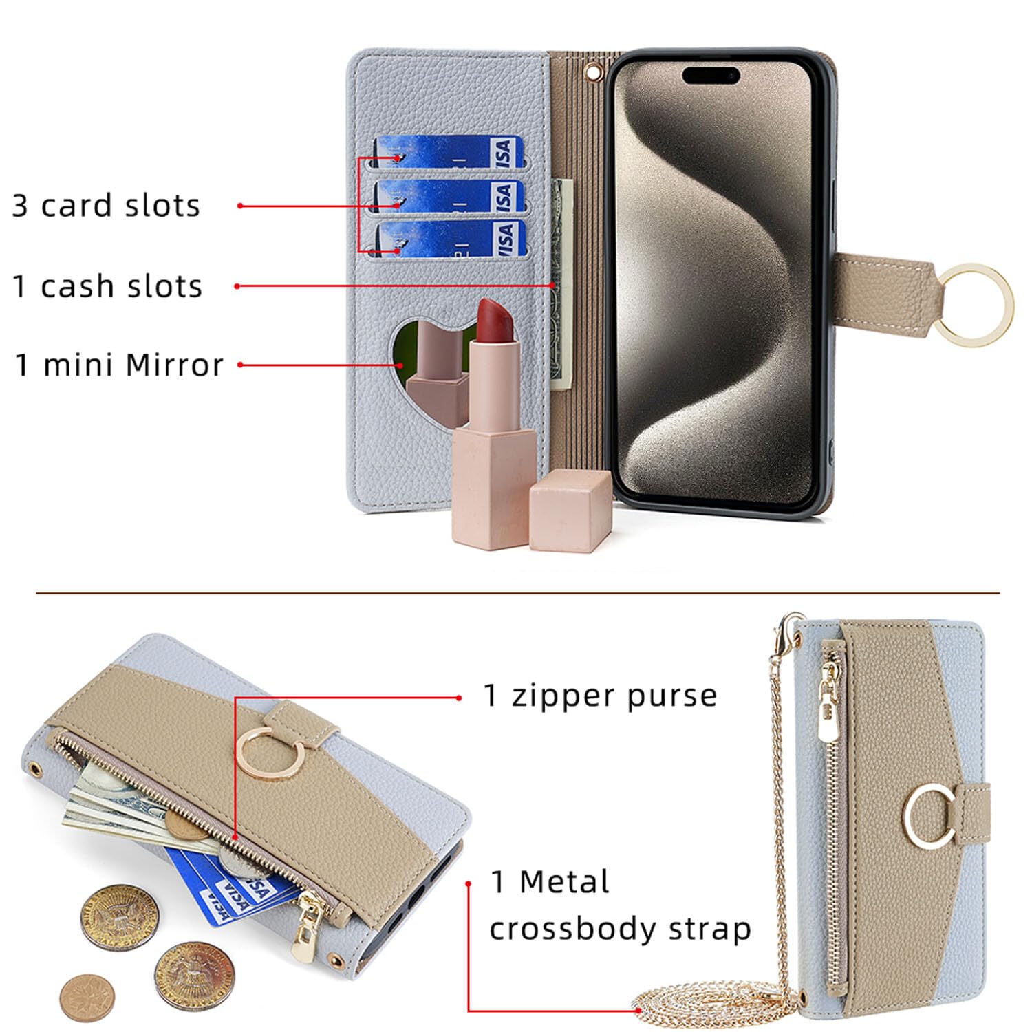 Generic - Funda compatible con Samsung Galaxy A33 5G (color verde) con correa de cadena con cremallera y billetera de piel con tapa trasera y espejo