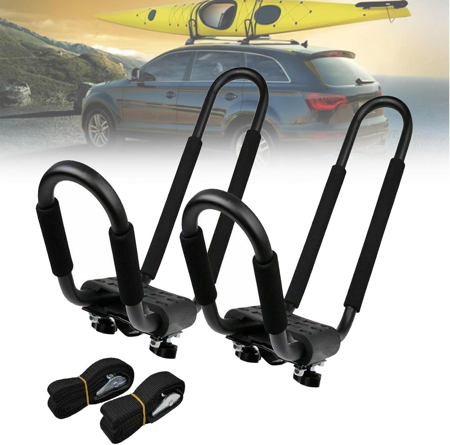 Kayak Roof Rack,1 Pair Universal Roof J Rack Kayak Boat Canoe Car SUV Van Top Mount Carrier with Necessary Fittings Accessories for Car Surf Ski Bike