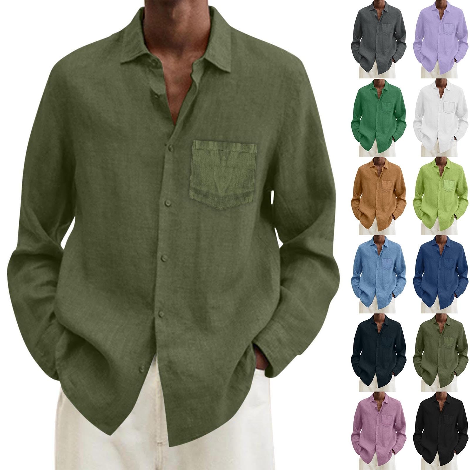 EQWIGKEIT Camisa Holgada de Talla Grande Informal sólida de Lino y algodón de Verano para Hombre Camisa de Manga Larga con Cuello Vuelto para Hombre Camisa Original Hombre