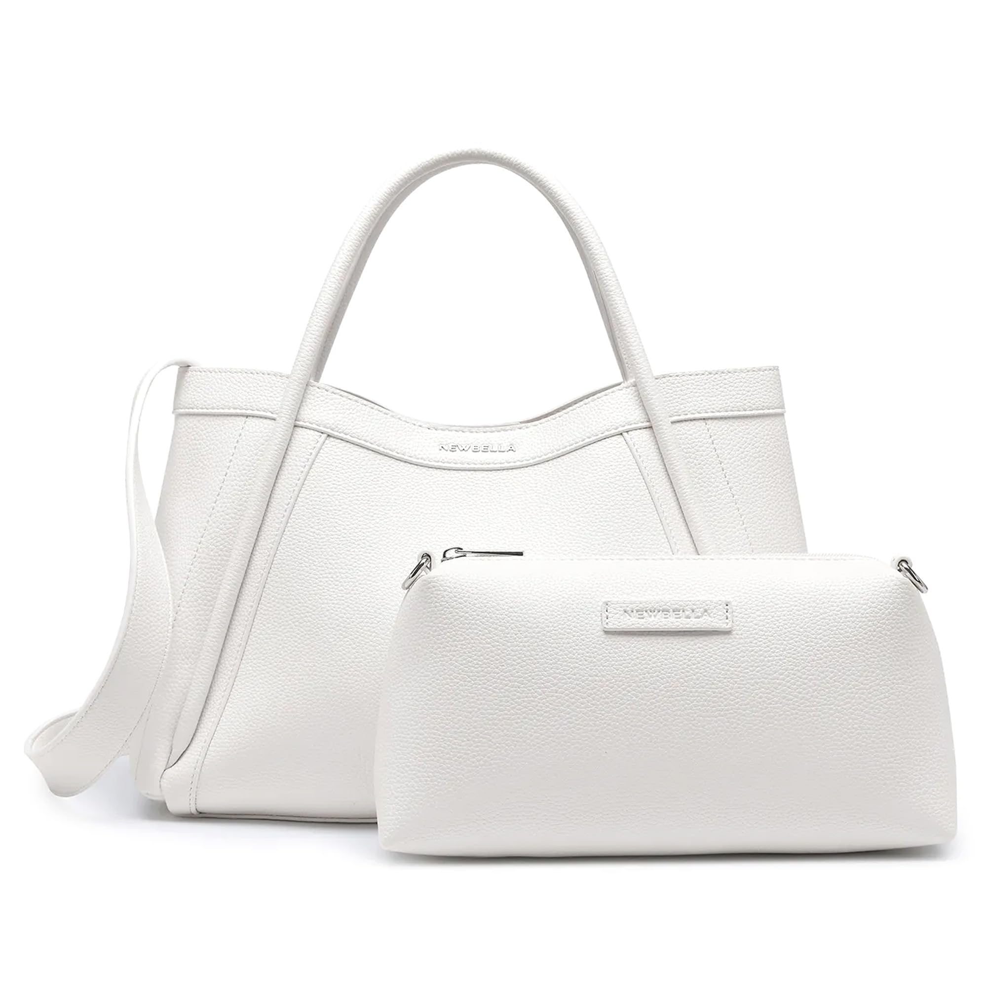 NEWBELLA Tote Bag for Women, Vegan Leather Crossbody Shoulder Bag, Top Handle Satchel Purse for Work, Travel, Daily Use (White, for 13 inch laptop)
