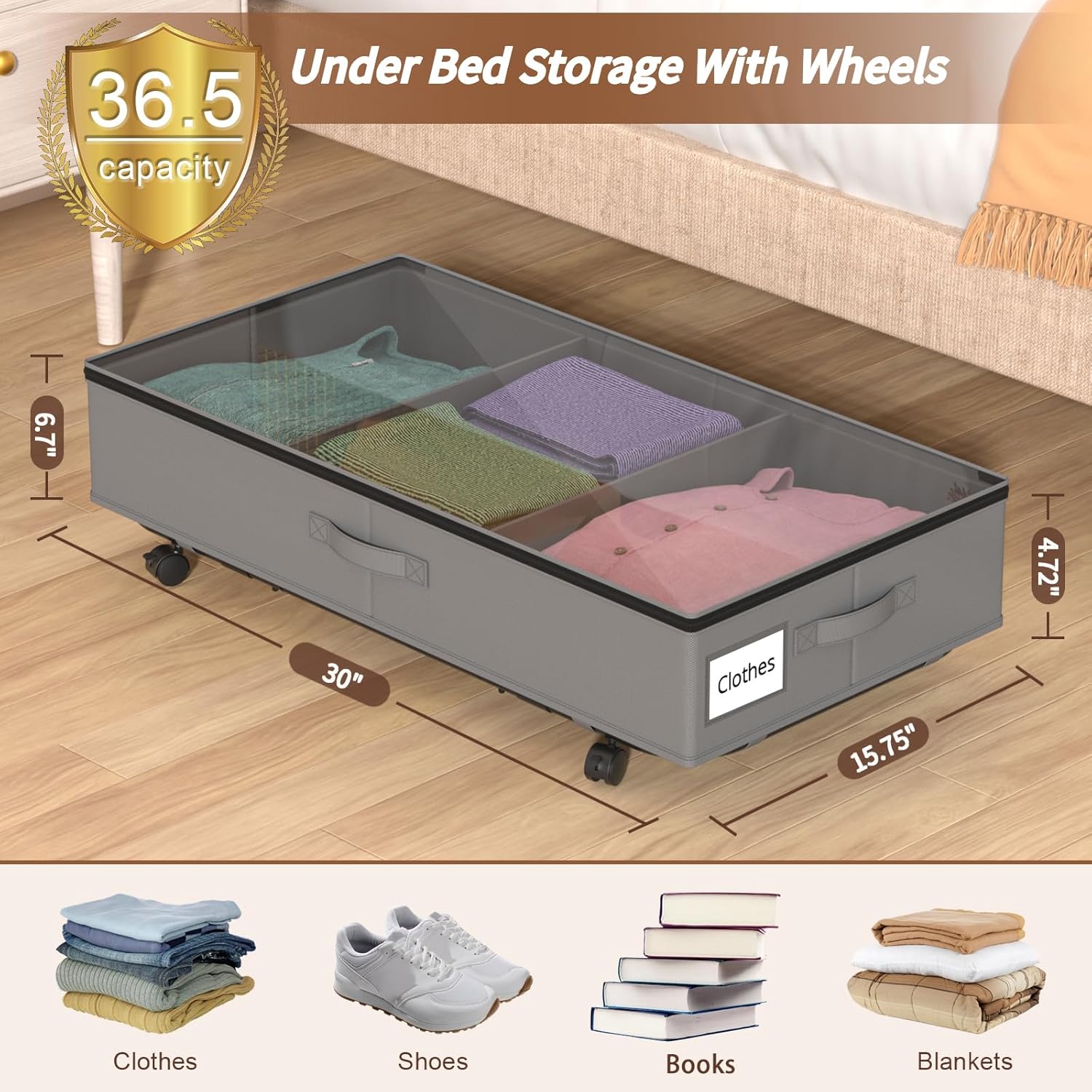Under Bed Storage with Wheels - 2 Pack Under Bed Storage Containers with Clear Lid and Handles, The Underbed Storage Bins Perfect for Clothes, Books, Shoe Storage, 30*15.75*6.7 inches, Grey