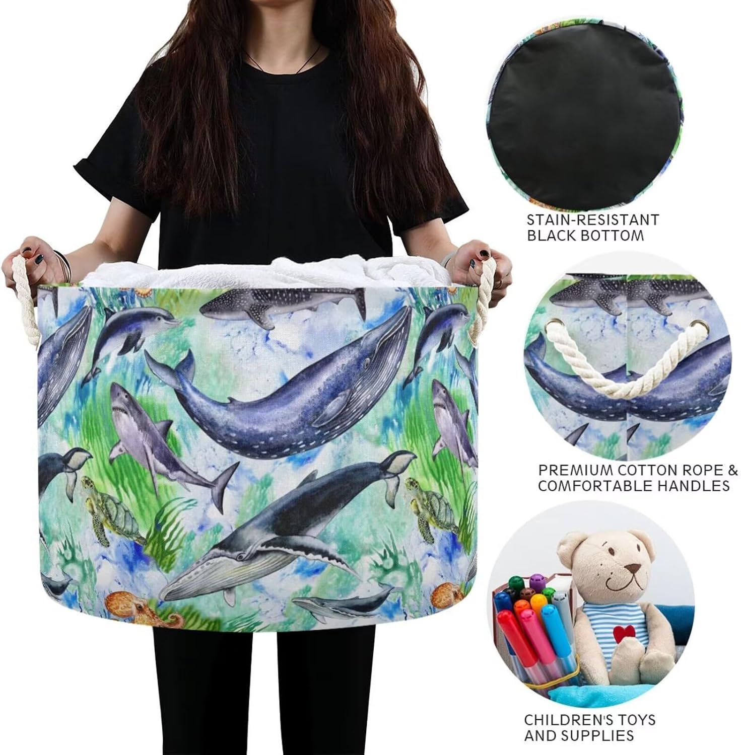 Watercolor Whale Collapsible Round Storage Basket with Handles image 4