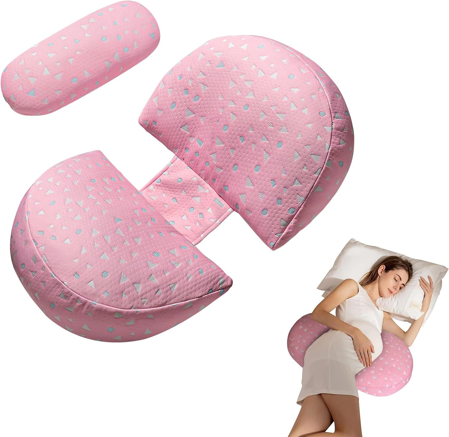 Pregnancy Pillow for Sleeping, Soft Maternity Body Pillow for Side Sleepers, Wedge Support for Back, Belly, Legs, Adjustable & Detachable with Machine-Washable Cushion Cover(Pink)