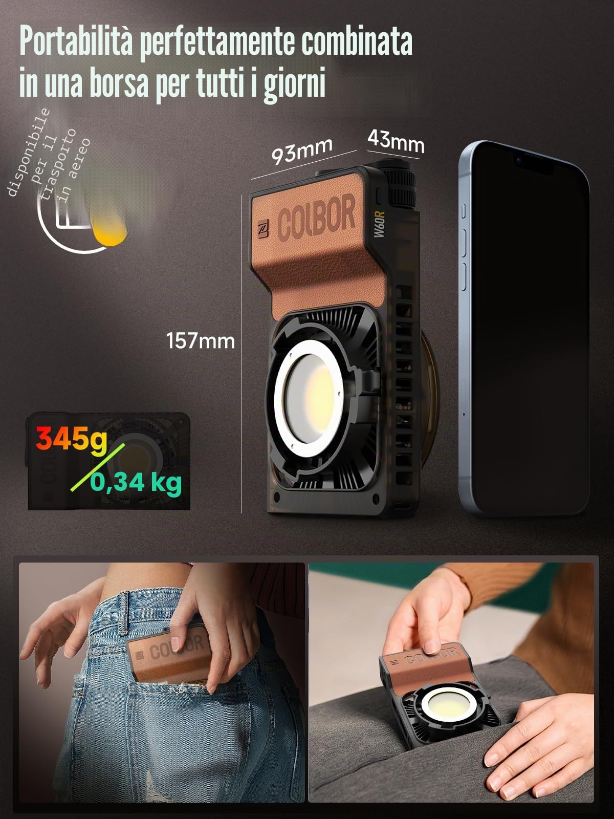 COLBOR Wonder W60R 60W RGB Luce Video Portatile 345g Illuminazione Continua Controllo APP con DC/Tipo C per Interni ed Esterni Filming Interviste Live Streaming, Luce-Video-Fotografia-LED-RGB