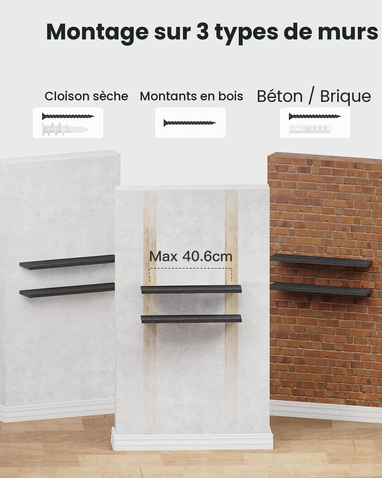 Amada Étagère Murale 60 cm avec Supports Invisibles, Lot de 2, Noirc