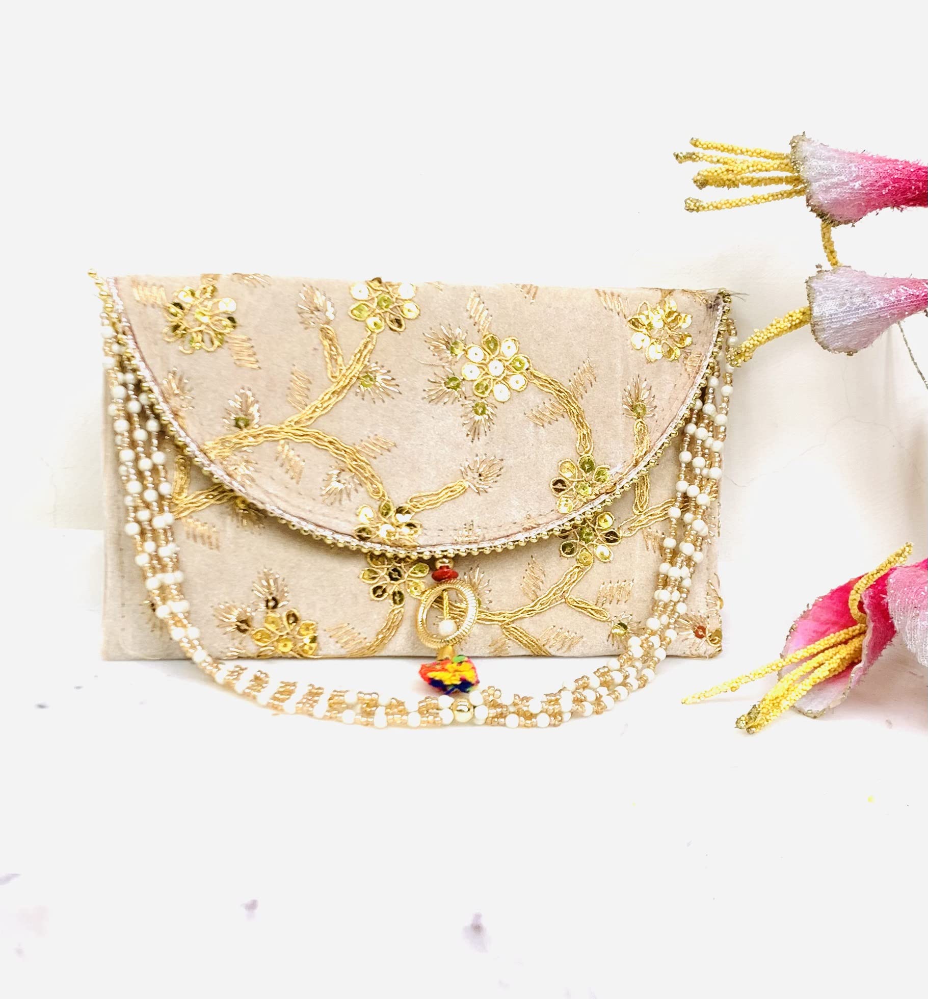 RDK SON'S Women's Embroidered Clutch Purse Bag, Indian Wedding Gift, Bridesmaid Gifts, Wedding Favors, Mehndi Favors, Return Gift (Beige) 1