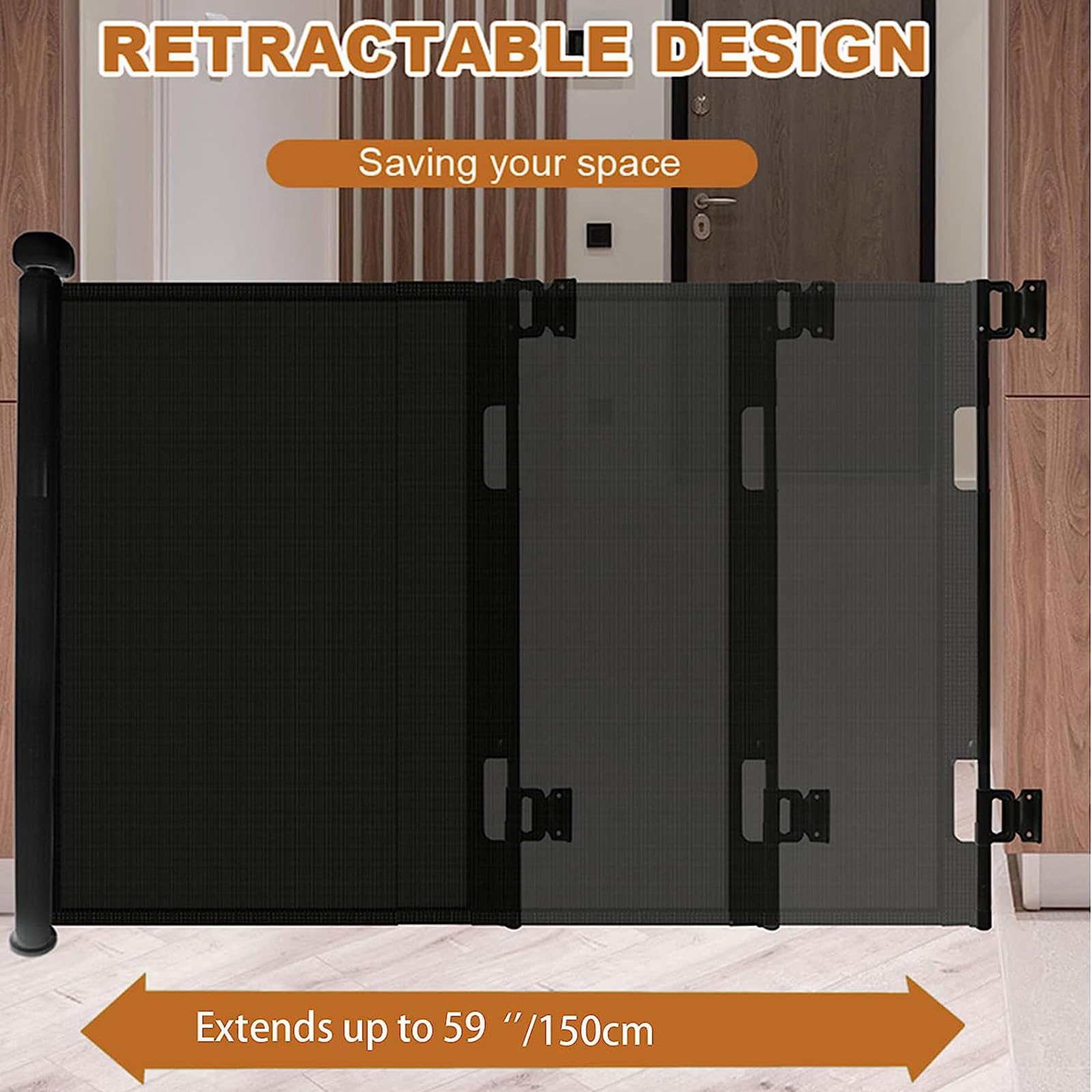 PandaEar Cancelletto di Sicurezza per Bambini 140 CM Ampio | Design Retrattile per Casa o Viaggi | Porte Scale Corridoi Interni Esterni (Nero)