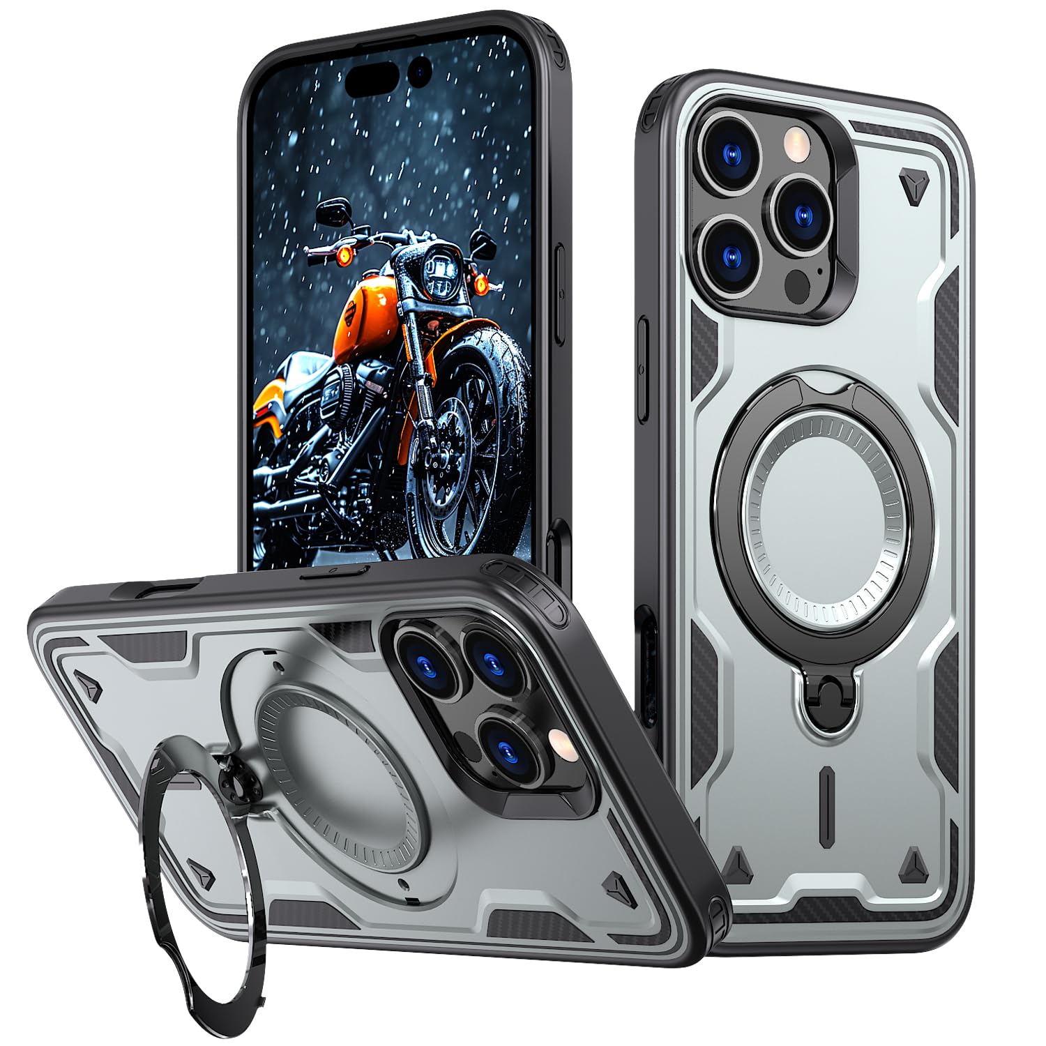 Mobirush Bumper Magnetic Attraction Ring Holder and 360° Protection Rotate Stand Case for iPhone 16 Pro Max (Silver)-image-47