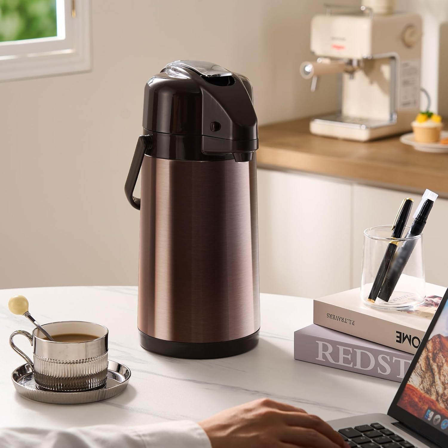 PARACITY Upgraded Airpot Coffee Carafe with Double Pump, Stainless Steel Drink Dispenser for Hot/Cold Beverage with Lazy Susan Base, Coffee Termos Para Cafe for Hot Cocoa for Parties - Image 7