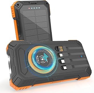 ERRBBICSolar Charger Power Bank 49800mAh, 22.5W Portable Charger, 15W Wireless Charging, Solar Panel Charger, Built-in Four Cable, with USB C for Cell Phones, with Dual Flashlight for Camping