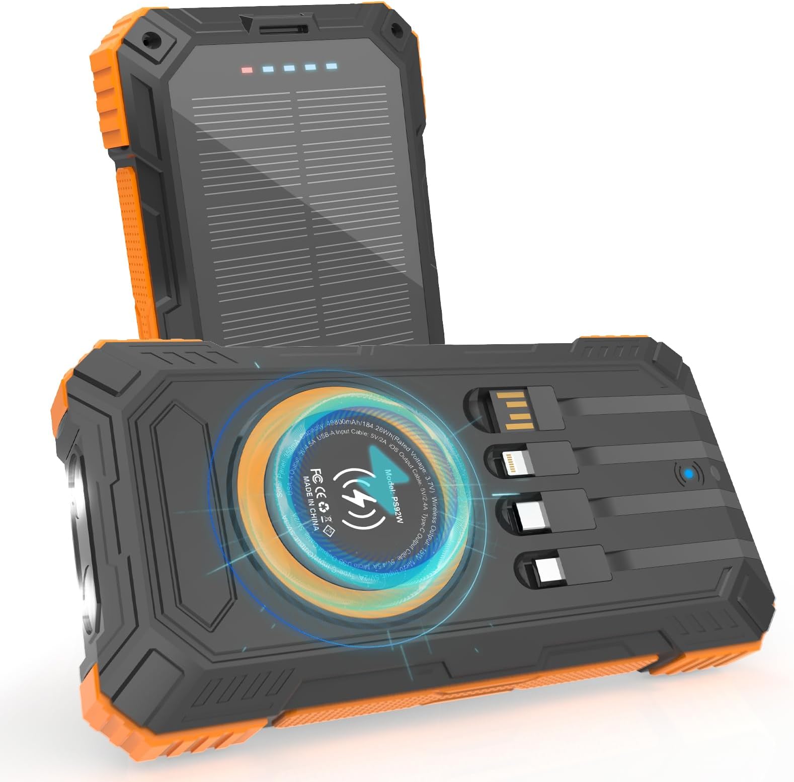 ERRBBICSolar Charger Power Bank 49800mAh, 22.5W Portable Charger, 15W Wireless Charging, Solar Panel Charger, Built-in Four Cable, with USB C for Cell Phones, with Dual Flashlight for Camping