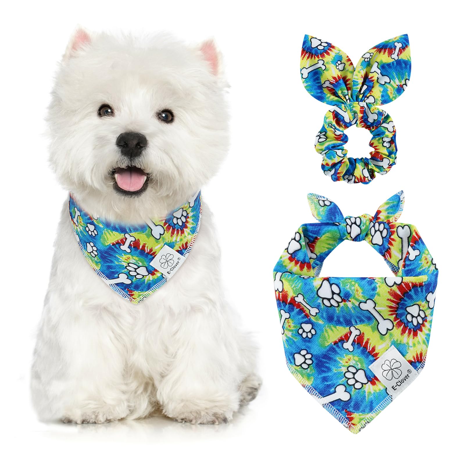 E-Clover Rainbow Dog Bandanas & Matching Scrunchie Set Girl Cute Pride Dog Scarf Bibs Pet Bandana with Bow Tie for Small Dogs Puppy Owner Mom Spring