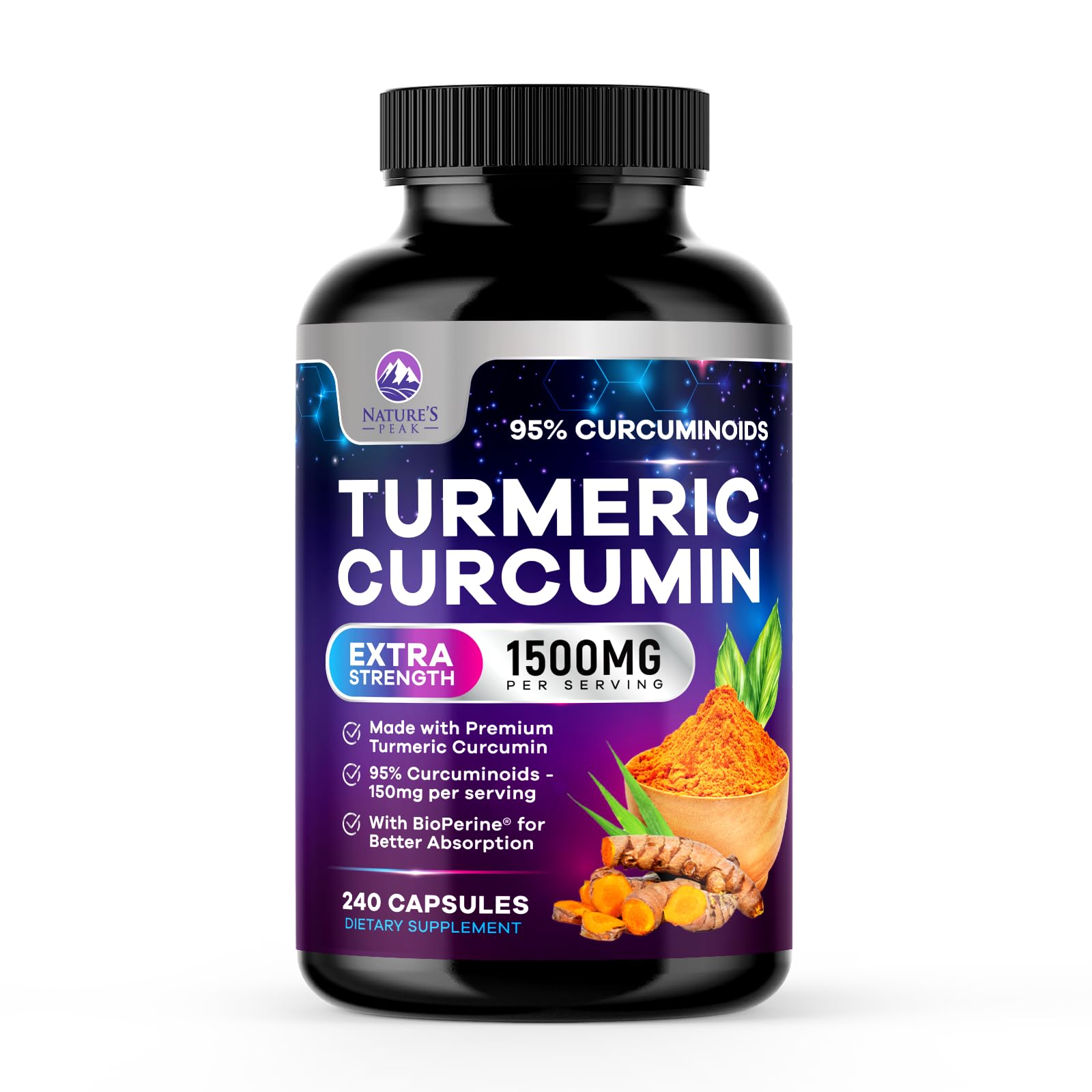 Turmeric Curcumin Supplement - 95% Curcuminoids with Organic Turmeric & Ginger, BioPerine Black Pepper Extract for Best Absorption, Natural Vegan Joint Support, Non-GMO, Bottled in USA - 240 Capsules 240 Count (Pack of 1)