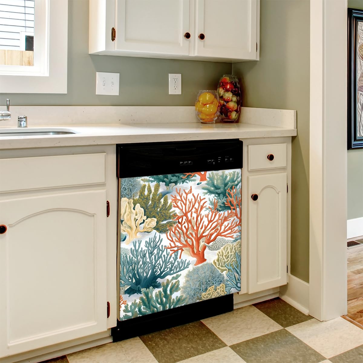 Mexpekil Adesivo decorativo per lavastoviglie Coral Sea, 53 x 66 cm, adesivo decorativo per lavapiatti per porta d'ingresso, impermeabile, per pannello elettrodomestico da cucina, decalcomania