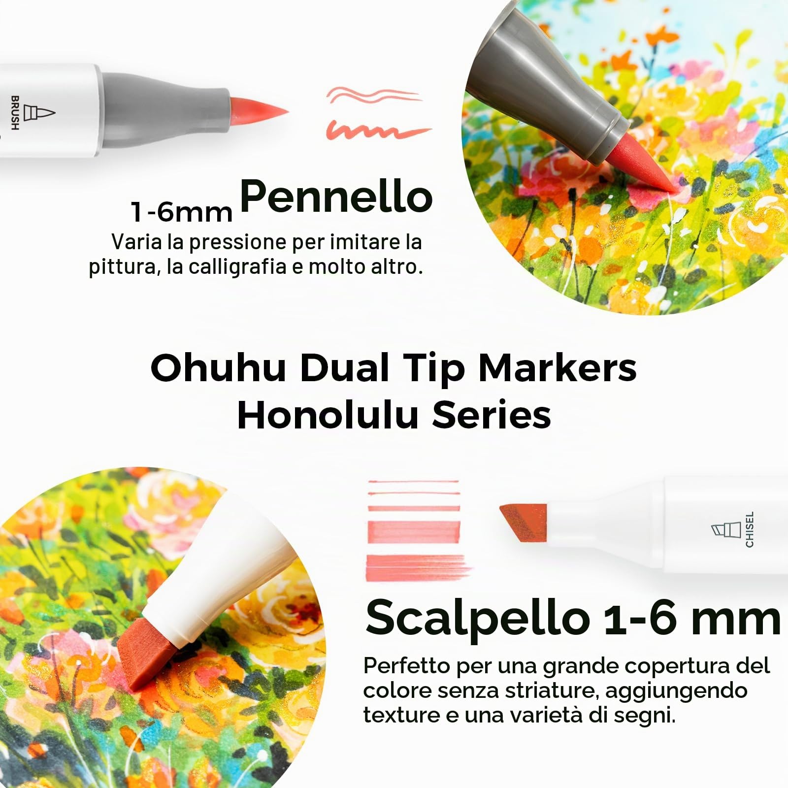 Ohuhu Pennarelli Alcol 48 Pennello & Scalpello con Astuccio & Sfumatore | Doppia Punta Facile Sfumatura & Non Sbava Asciugatura Rapida per Illustrazione Calligrafia & Schizzi - Honolulu