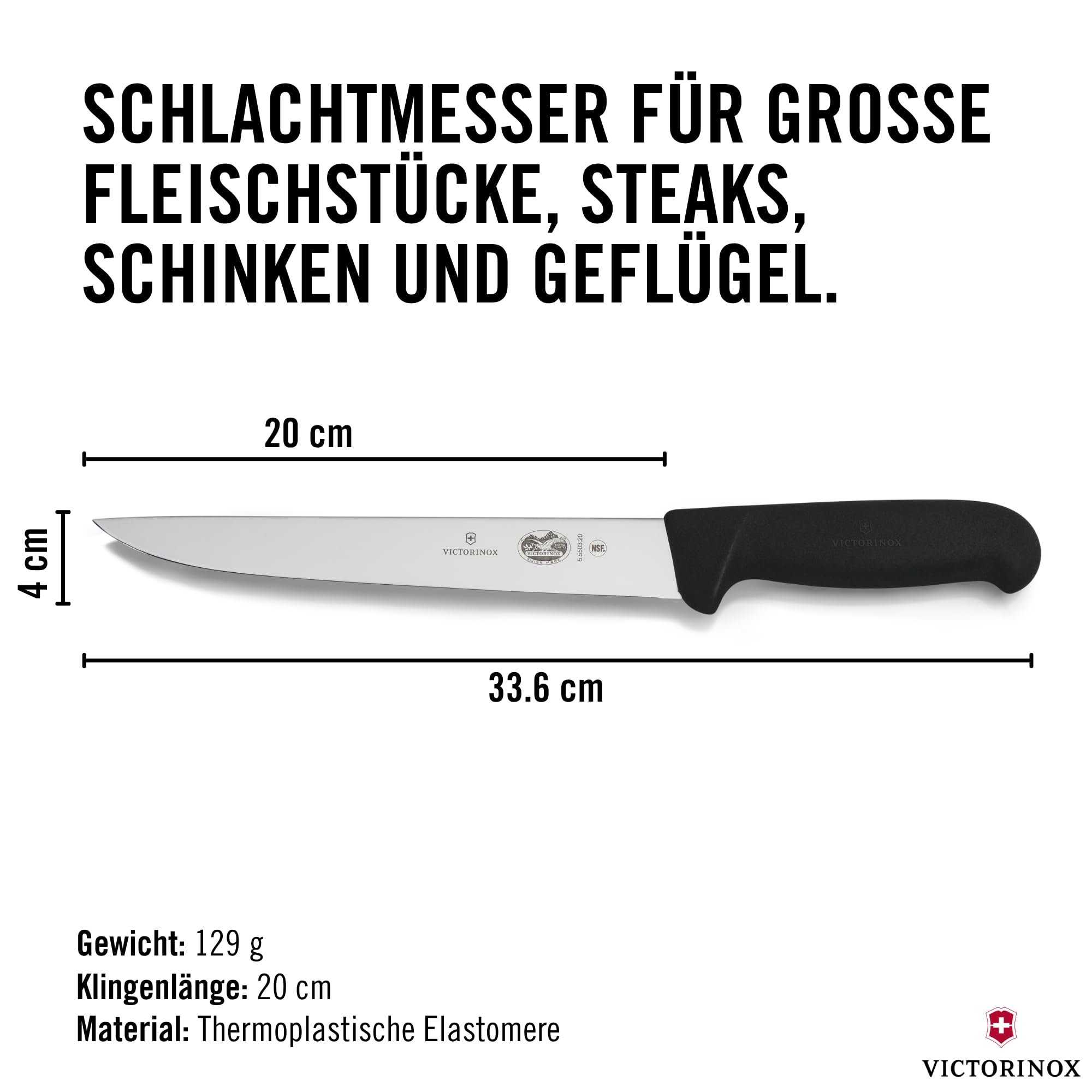 Victorinox Fibrox Schlacht-/Bankmesser, Zerlegemesser zum Zerteilen großer Fleischstücke, 20 cm, Gerade Klinge, Scharf, Rostfreier Stahl, Schwarz