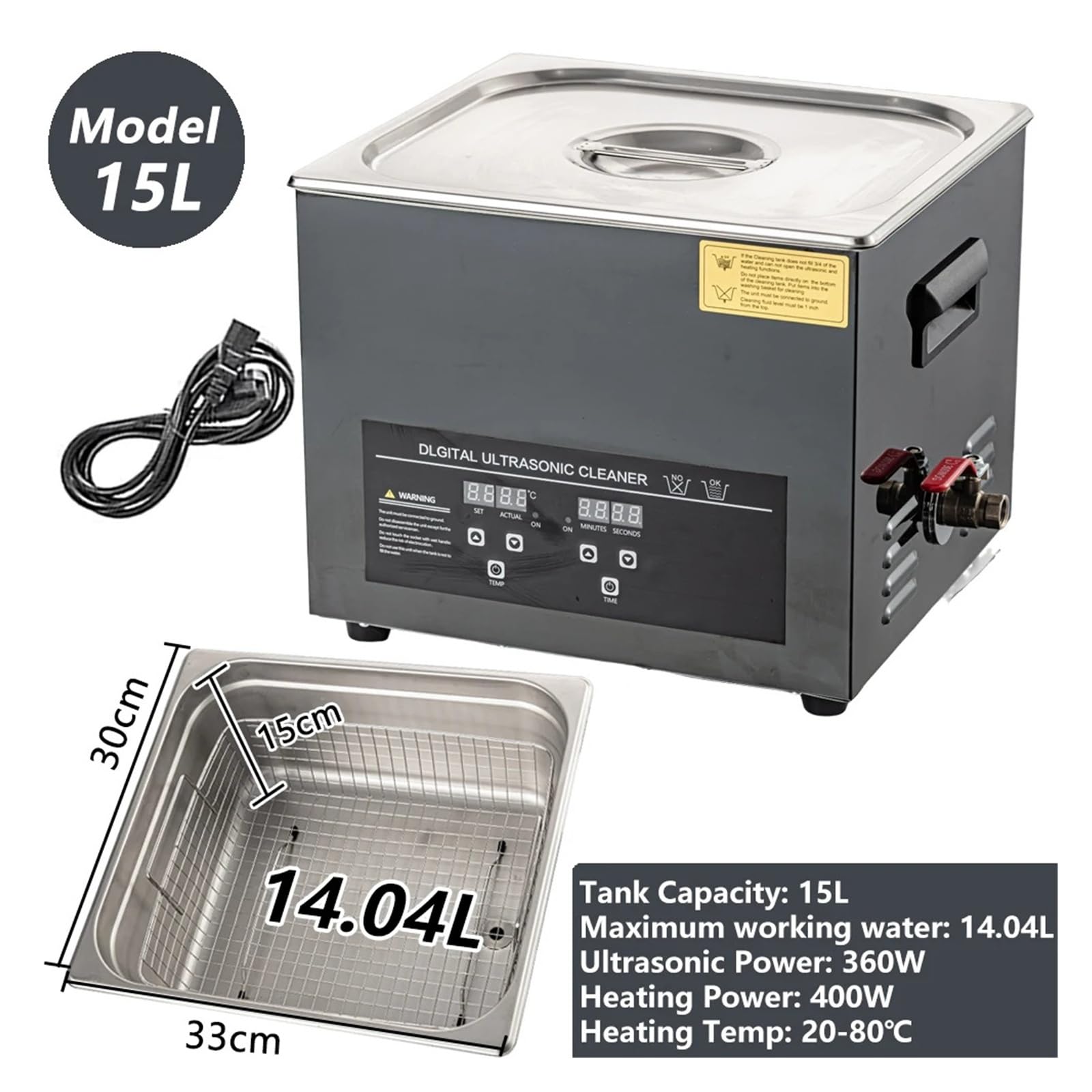 15L Ultra Cleaner Cyfrowa Ogrzewająca Stal Nierdzewna Ultra Czyszcząca Maszyna 40KHZ