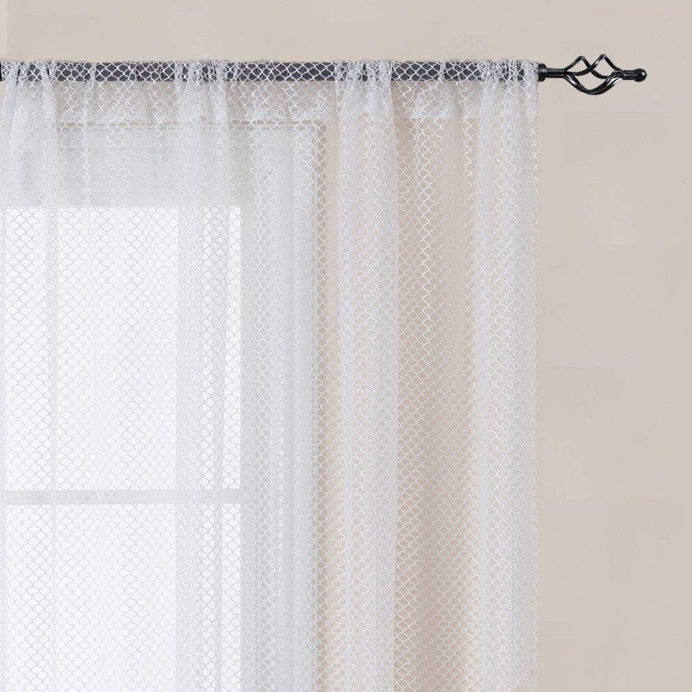 jinchan Sheer Lace Window Curtain Rod Pocket Moroccan Tile Trellis Design for Bedroom Curtain Panels for Living Room One Pair 63 Inch Length White