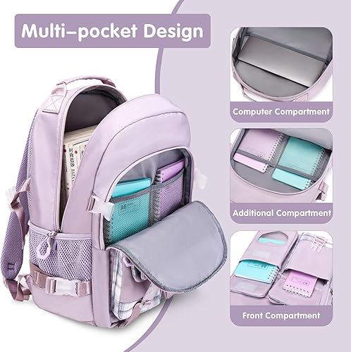 Vista 3 de Mochila para niñas, caja Bento con bolsa de almuerzo aislada, estuche para lápices y utensilios para niños, 6 compartimentos a prueba de fugas