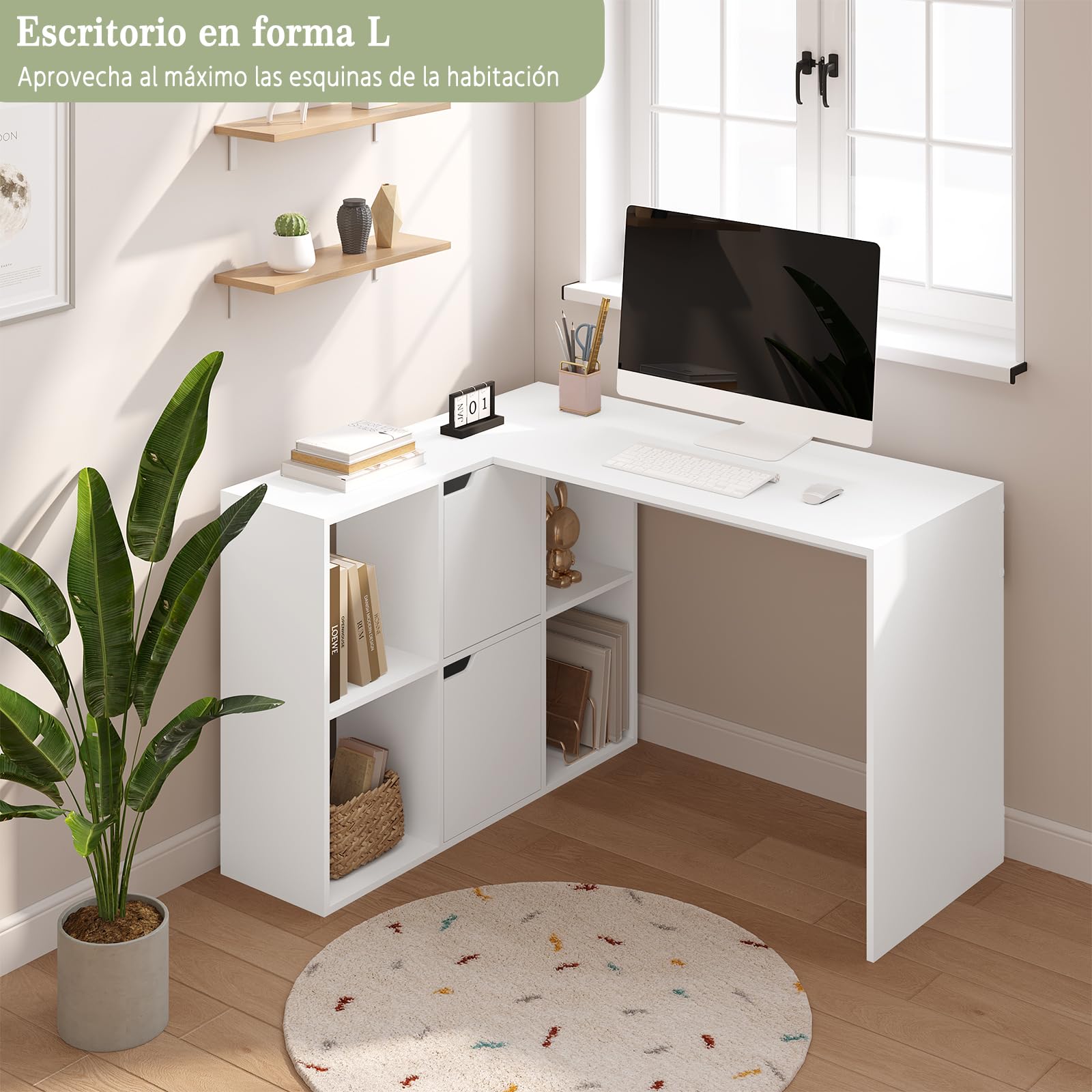 eSituro Escritorio Esquinero en L, 120x100x75 cm, Blanco | 6 Compartimentos, Ahorro de Espacio, para Oficina, Dormitorio y Estudio