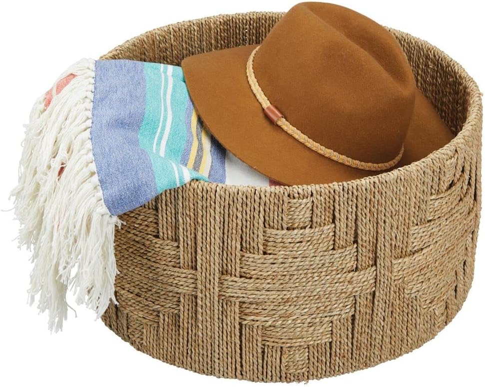 mDesign Large Round Woven Braided Seagrass Rope Home Storage Basket - for Organizing Closet, Bedroom, Bathroom, Living Room, Entryway, Office, Aztec Pattern Weave - Natural