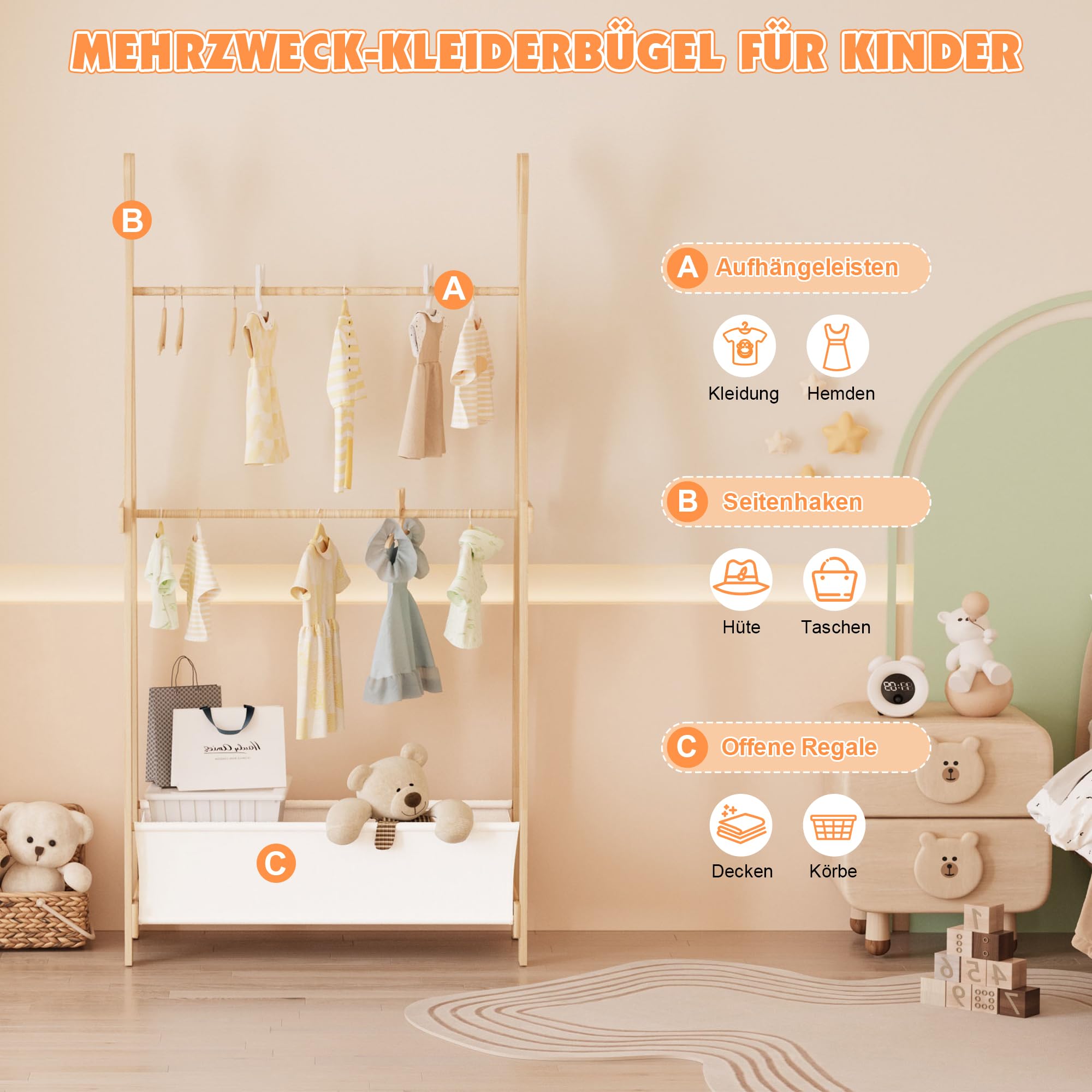 KEEPREAPER Kinder Kleiderständer Holz, Garderobenständer mit Aufbewahrungskiste und Kleiderstange, Kindergarderobe für Kinderzimmer, Mädchen (82 x 43 x 180cm)