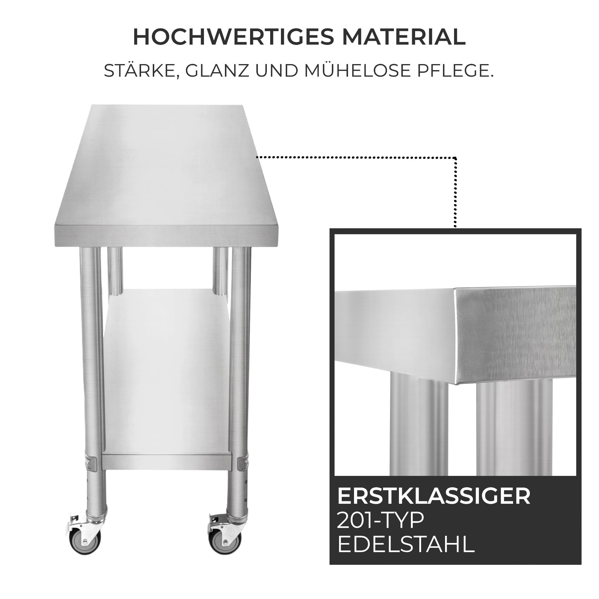 Gastro Edelstahl Arbeitstisch Vorbereitungstisch Küchentisch Zerlegetisch Flexibel Mobil 4 Rollen 2 Bremsen 4 anpassbaren Füßen Verstellbares unteres Regal 3 Positionen 160kg Kapazität 76 x 45 x 86cm