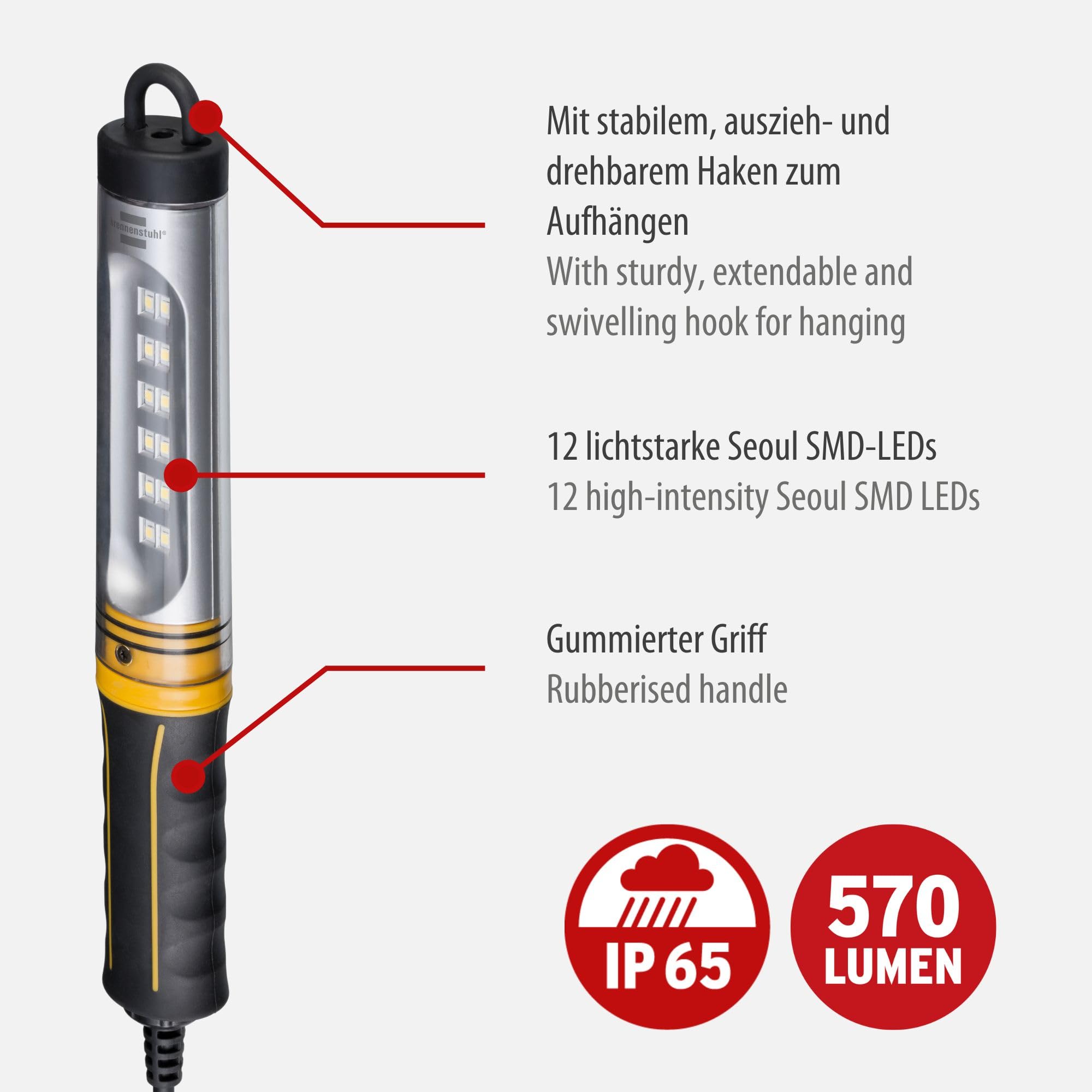 Brennenstuhl Baladeuse LED WL 550 (570lm, IP65, 6500K, IK07, interrupteur poussoir, crochet escamotable et pivotant, 5m de câble)