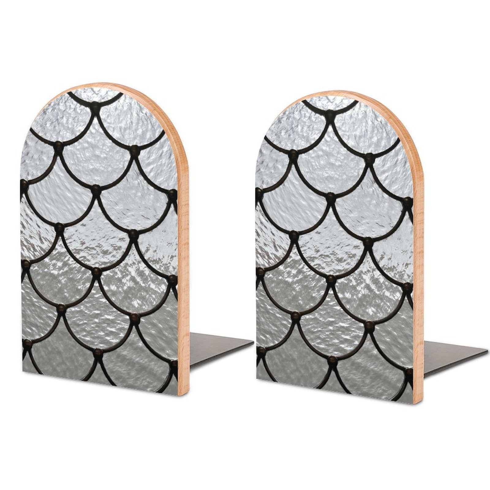 Gray Stained Glass Pattern Interlocking Fish Scale Wooden Bookends Shelves 2 PCS Sturdy Book Holders Desktop Organizer for Home Office Libraries
