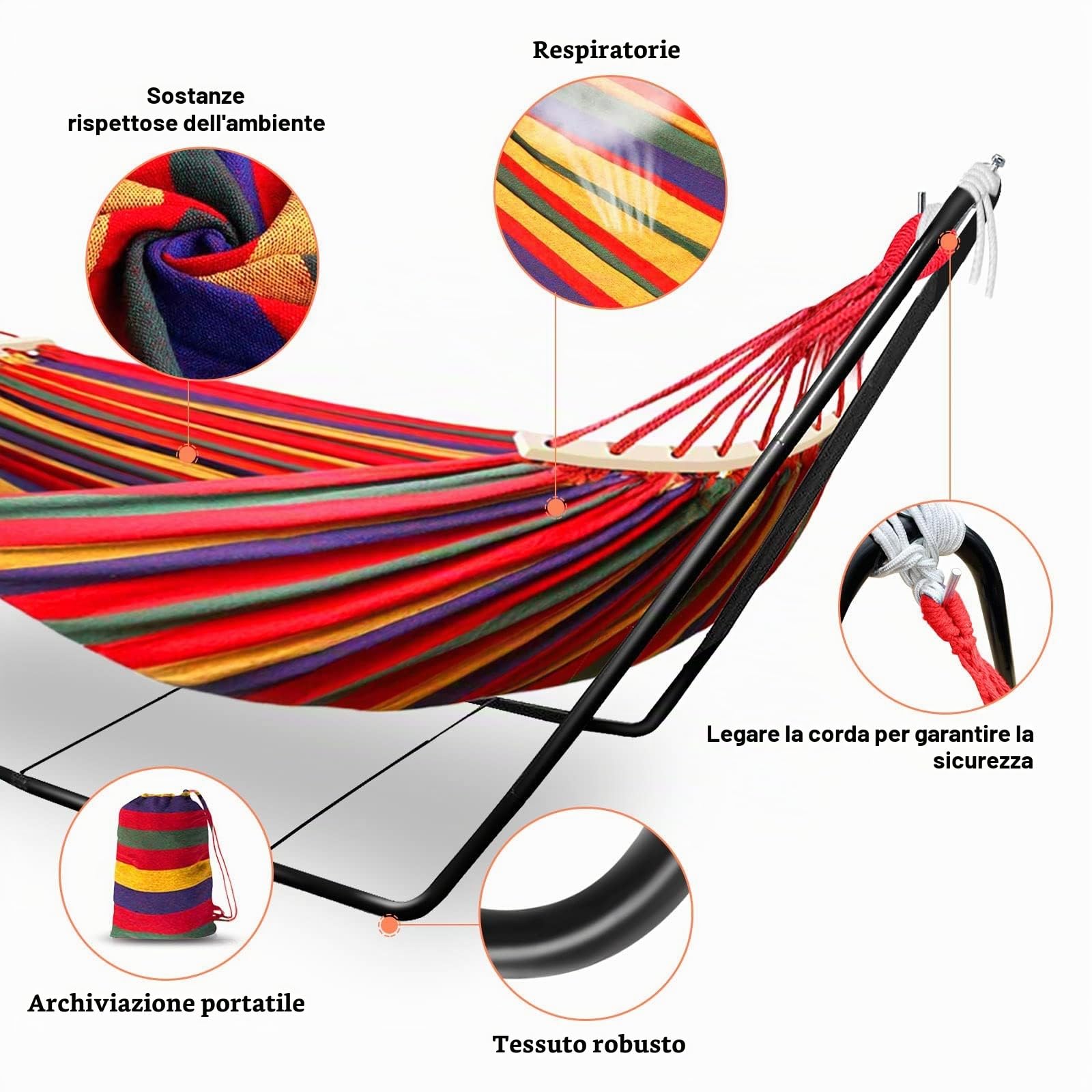 Amaca con supporto, amaca, amaca all'aperto con supporto, amaca da giardino con supporto, sedie da giardino da campeggio, amaca singola con struttura in metallo con borsa portatile e accessori