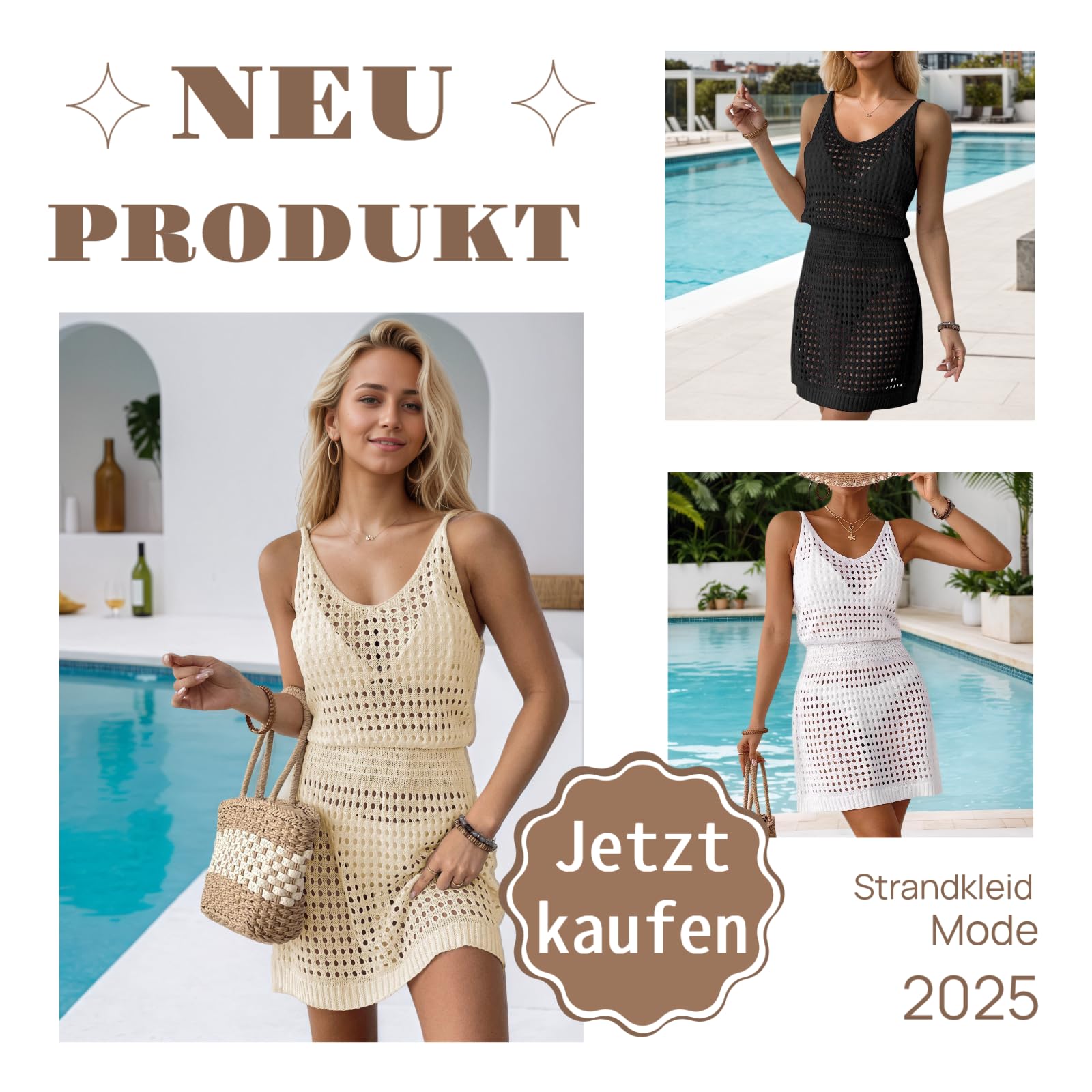 Bikini Cover Up Strandkleid Damen, Aushöhlen Trägerkleid, V-Ausschnitt Häkelkleid Strand, Strandtunika Strandponcho Damen Luftig Sommer Beachwear Strandurlaub