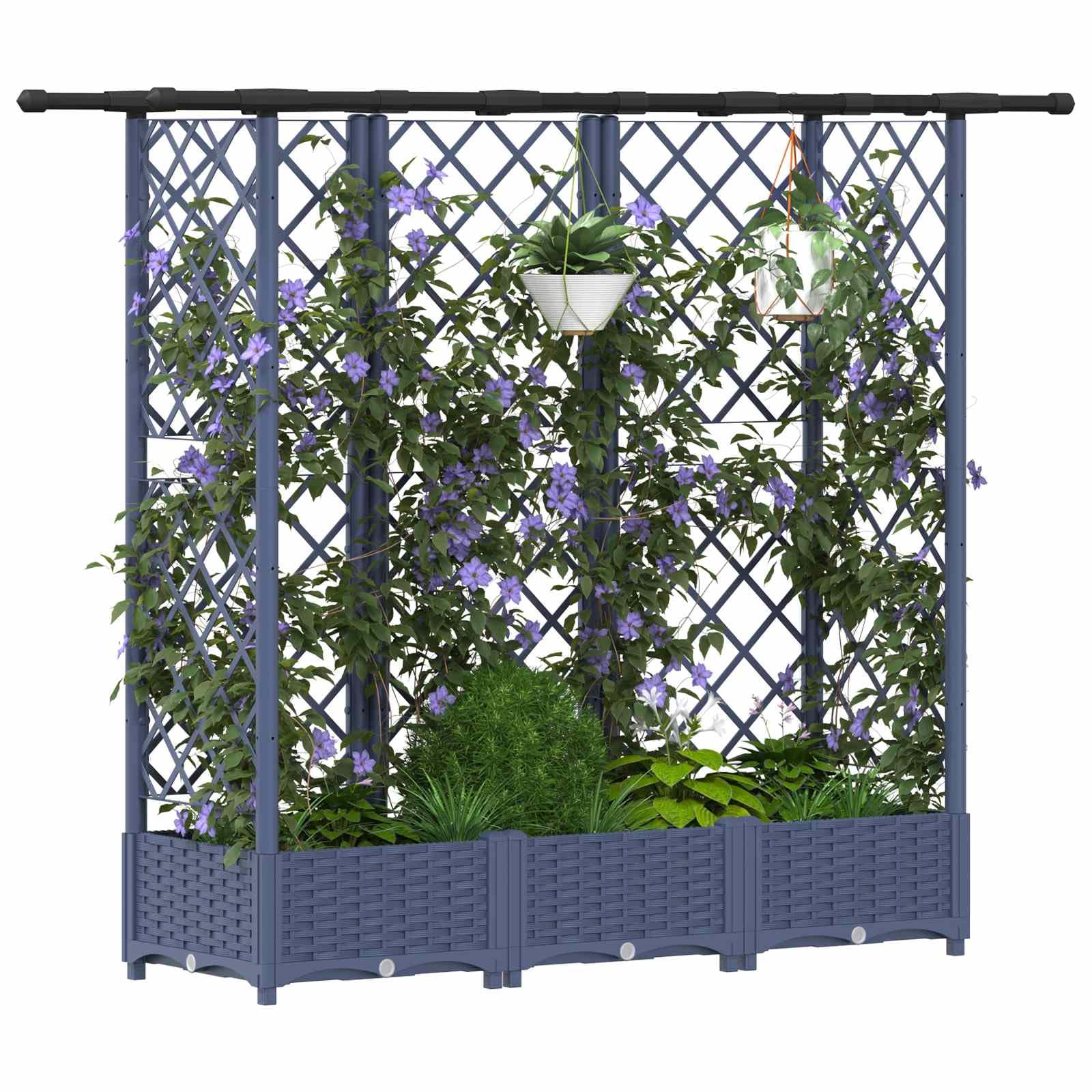 Jardinera con enrejado y techo gris de polipropileno, 164 x 40 x 121 cm, maceta para balcón, terraza, jardín, con orificio de drenaje, almacenamiento de agua, para hierbas, verduras, plantas