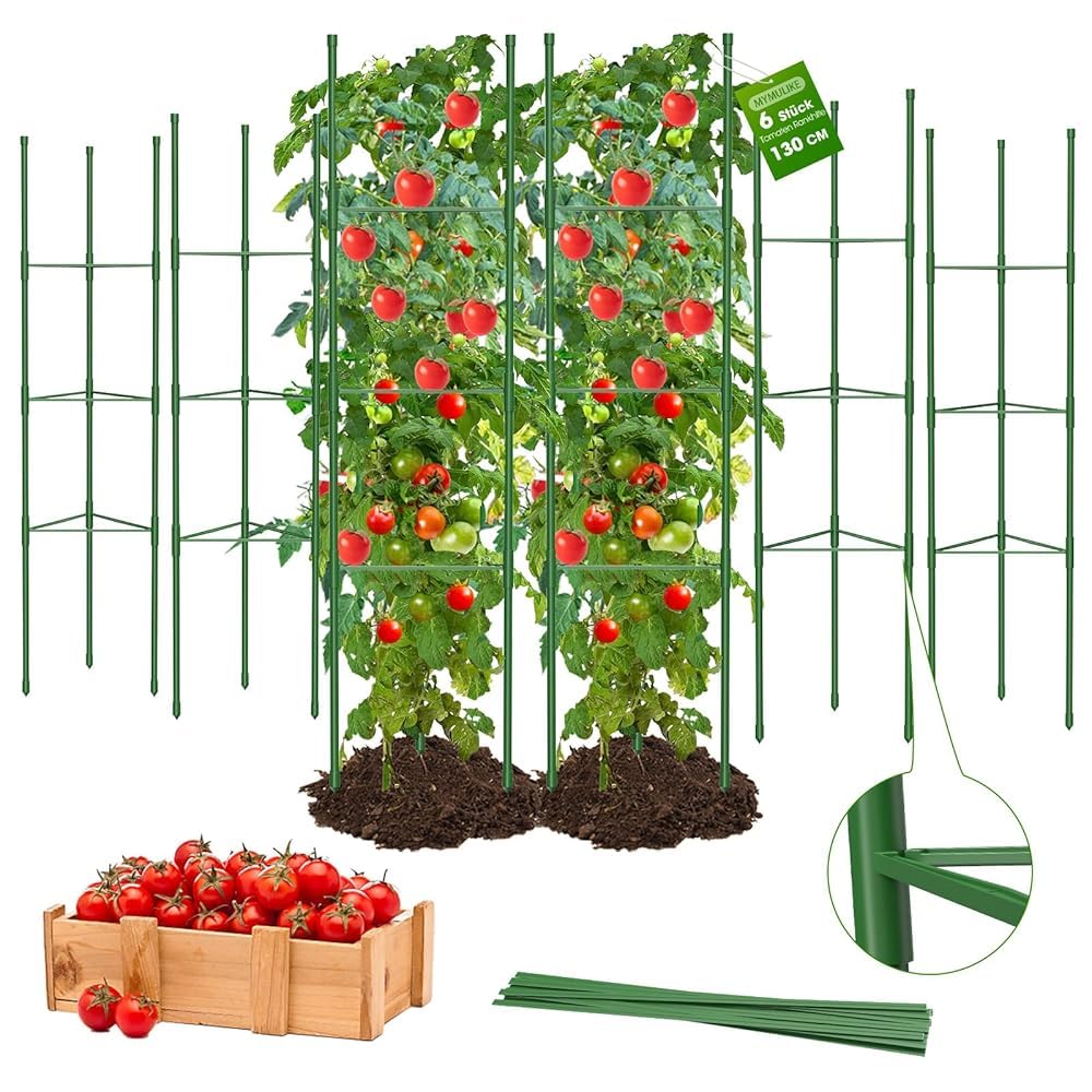 MYMULIKE 6Pack Tomato Support, 130CM (51 Inch) Large Tomato Cages for Garden Trellis Vertical Climbing Plants Support, Tomato Stand, Rustproof Plant Trellis for Tomatoes, Beans, Peppers,Flowers